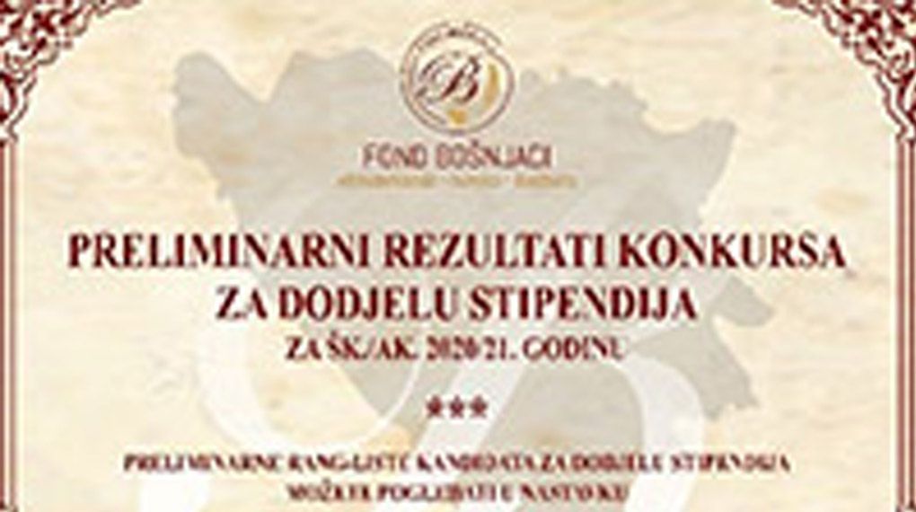 Preliminarni rezultati konkursa za dodjelu stipendija za šk./ak. 2020/21. godinu