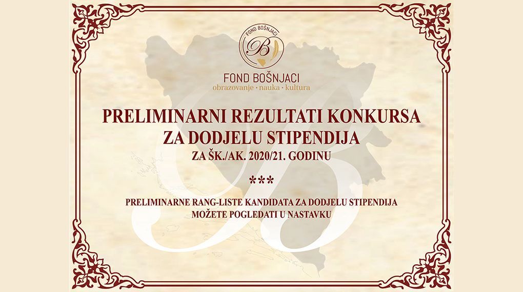 Preliminarni rezultati konkursa za dodjelu stipendija za šk./ak. 2020/21. godinu