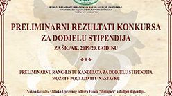 Preliminarni rezultati konkursa za dodjelu stipendija za šk./ak. 2019/20. godinu