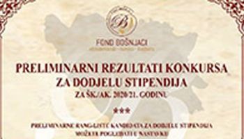Preliminarni rezultati konkursa za dodjelu stipendija za šk./ak. 2020/21. godinu