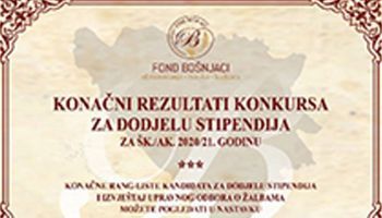 Konačni rezultati konkursa za dodjelu stipendija za školsku/akademsku 2020/21. godinu