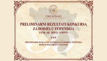 Preliminarni rezultati konkursa za dodjelu stipendija za šk./ak. 2020/21. godinu